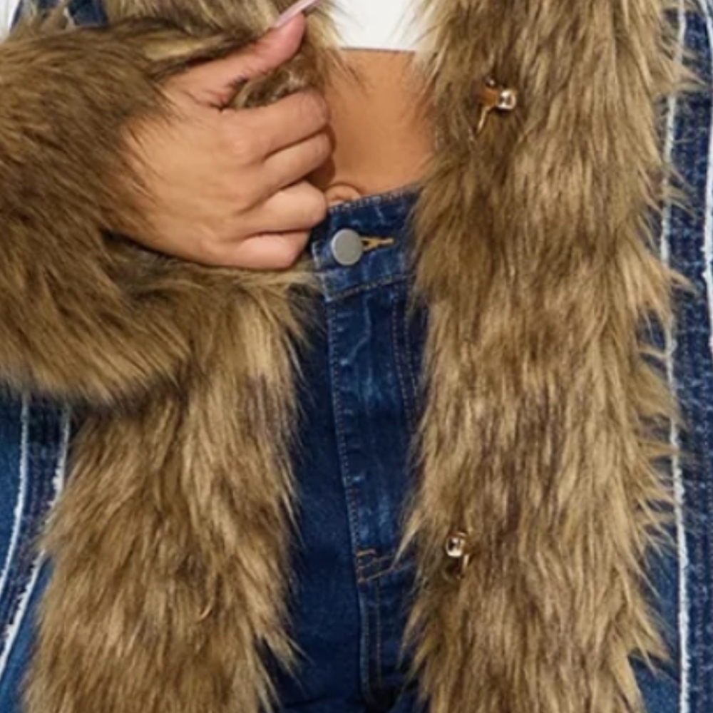 Blue Denim Coat with Faux Fur Trim Sz L - Picture 4 of 4